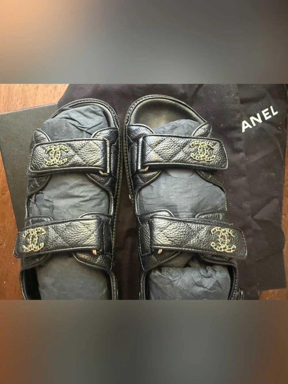 CHANEL Grained Calfskin Quilted Leather Velcro Dad Sandals 37 Black - AUTHENTIC